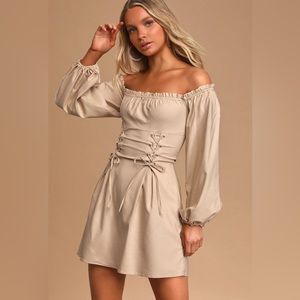 Lace It Be Beige Off-the-Shoulder Lace-Up Bodycon Dress in Size XL